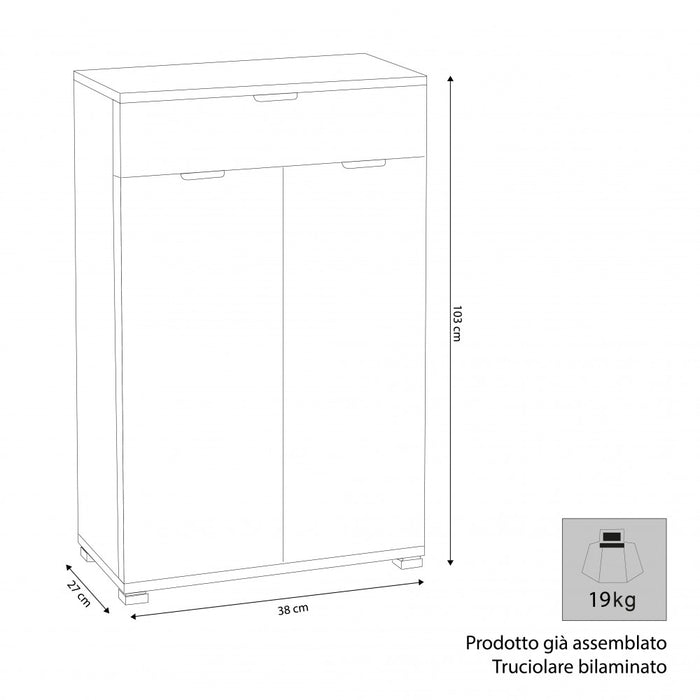 Mobiletto con 2 Anta e 1 Cassetto 60x38x103 h cm in Truciolare bilaminato Bianca