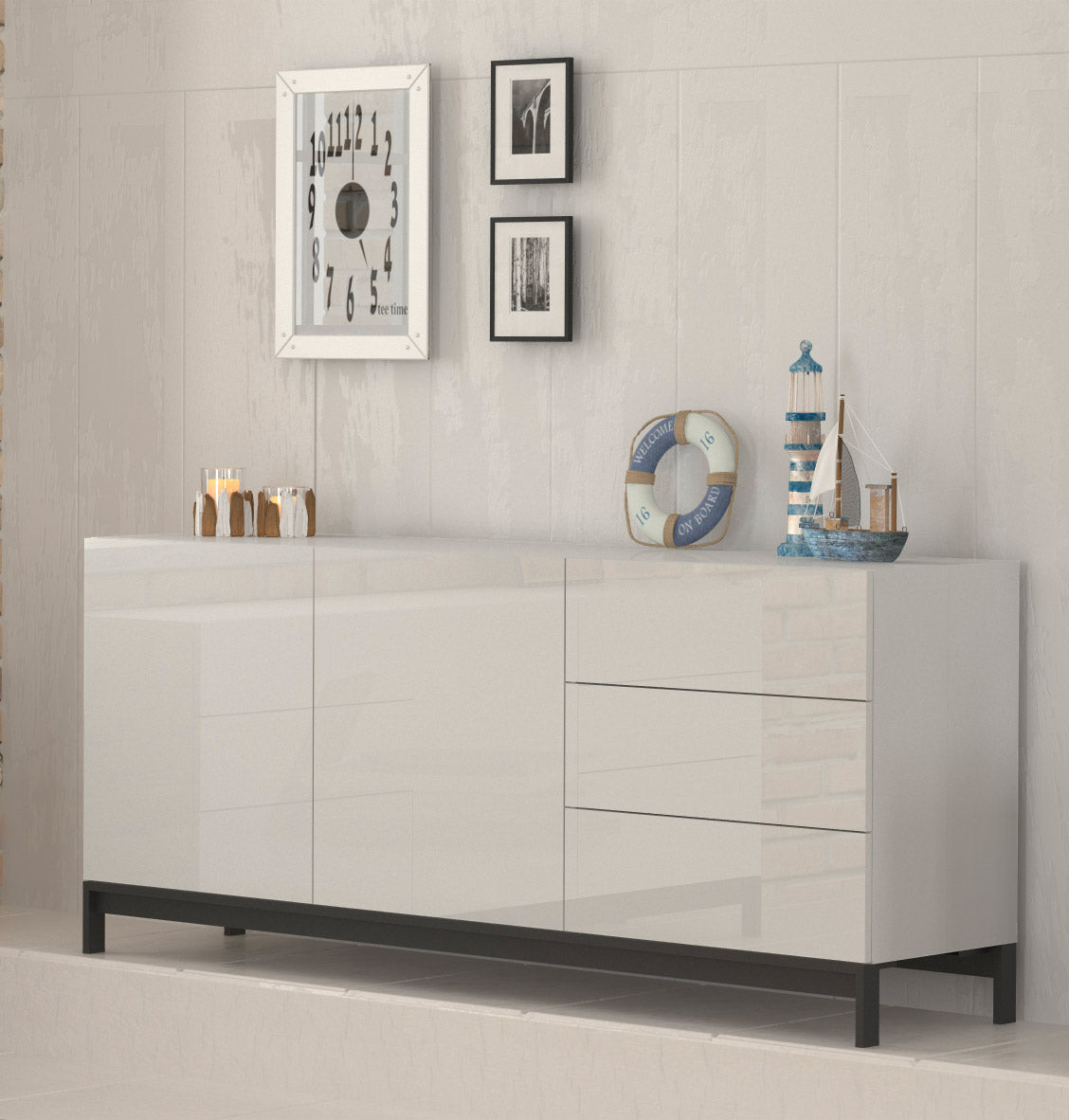 Credenza con piedi 2 Ante + 3 Cassetti 170x40x73 cm Metis Bianco Lucido