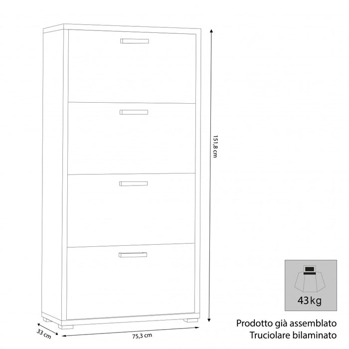 Scarpiera 4 Ante a Ribalta 75,3x33x151,8 h cm in Truciolare bilaminato Olmo