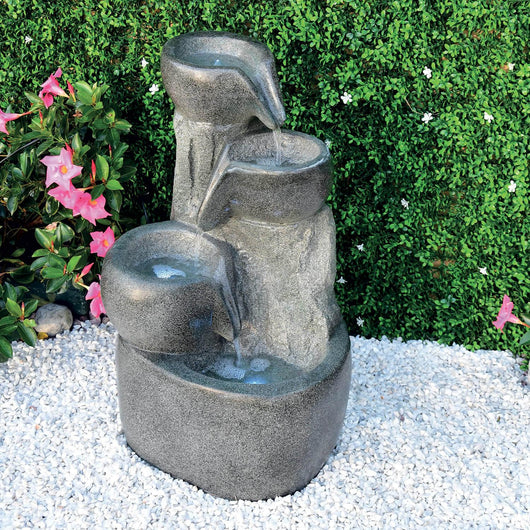 Fontana Zen da Giardino 44x40x70 cm 20 Litri in Poliroccia con LED e Pompa Grigia