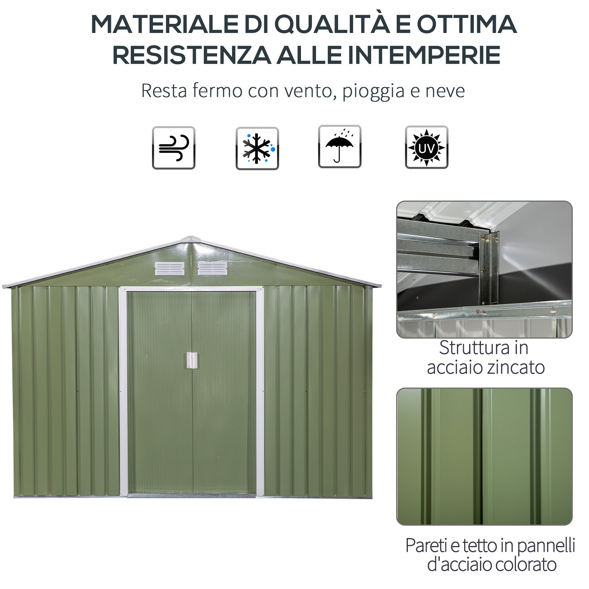 Casetta Box da Giardino 277x195x192 cm in Acciaio e Polipropilene Verde Chiaro