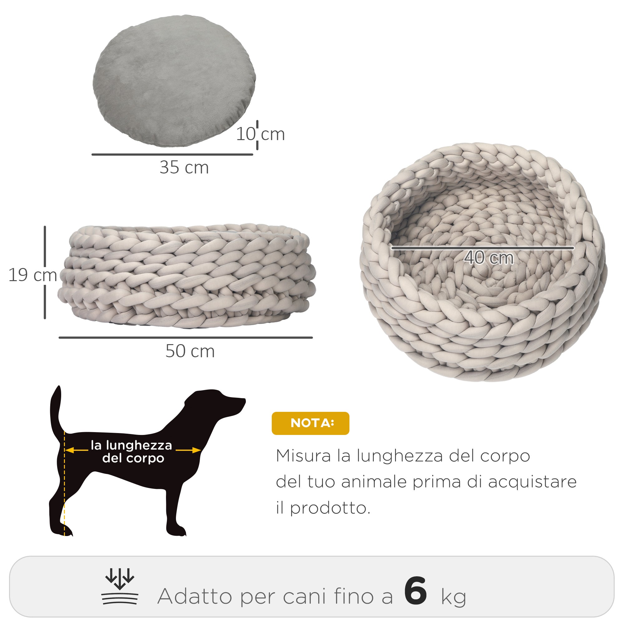 Cuccia per Cani e Gatti Ø50x19 cm in Tessuto Effetto Velluto Grigio