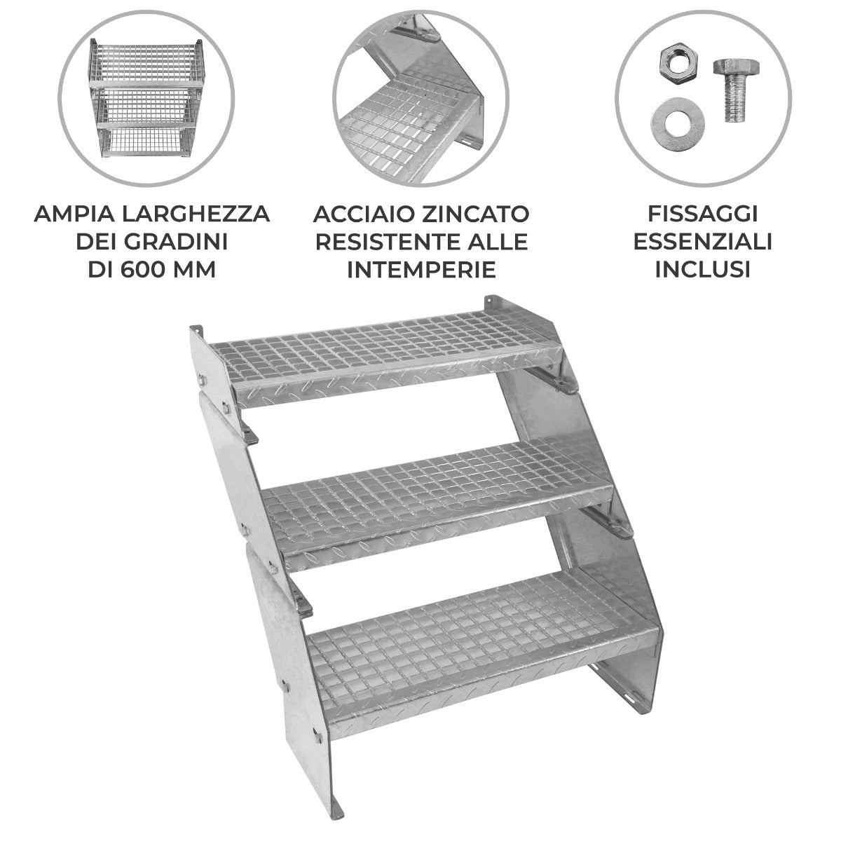 Scala metallica a 3 elementi ad altezza regolabile in acciaio zincato 60 cm / 600 mm