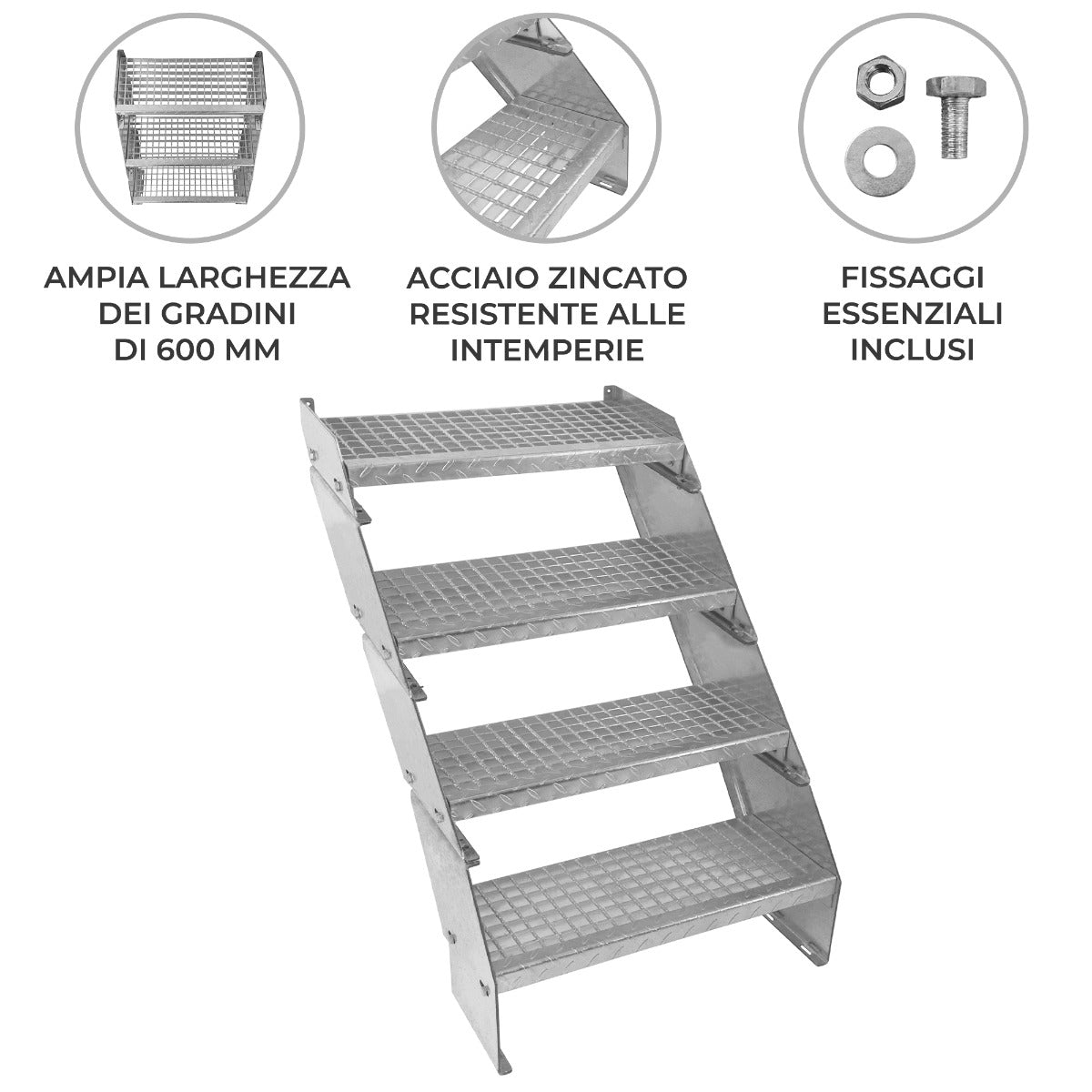 Scala metallica a 4 elementi ad altezza regolabile in acciaio zincato 60 cm / 600 mm