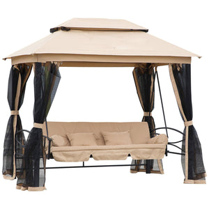 Dondolo 3 Posti 256x172x248 cm con Copertura a Gazebo e Zanzariera Beige e Nero