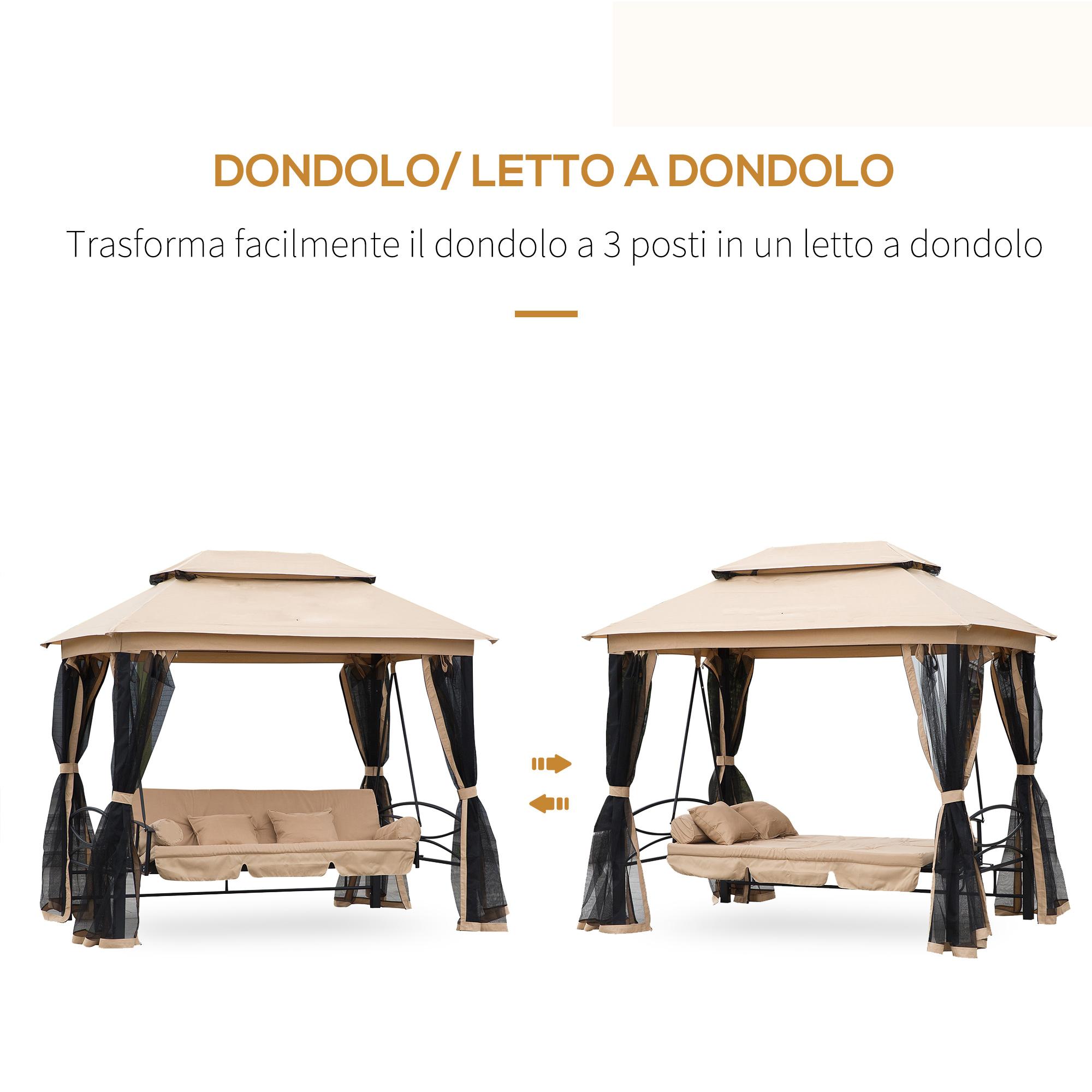 Dondolo 3 Posti 256x172x248 cm con Copertura a Gazebo e Zanzariera Beige e Nero