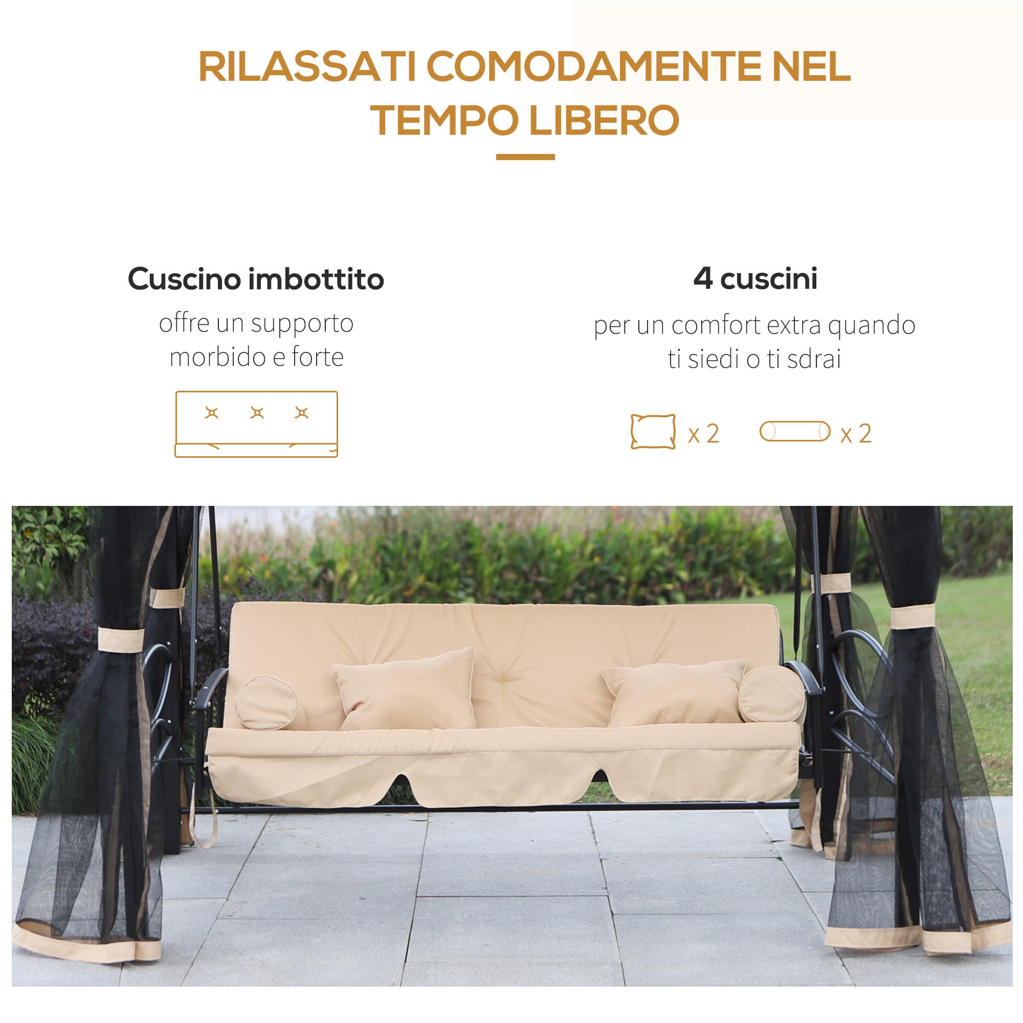 Dondolo 3 Posti 256x172x248 cm con Copertura a Gazebo e Zanzariera Beige e Nero