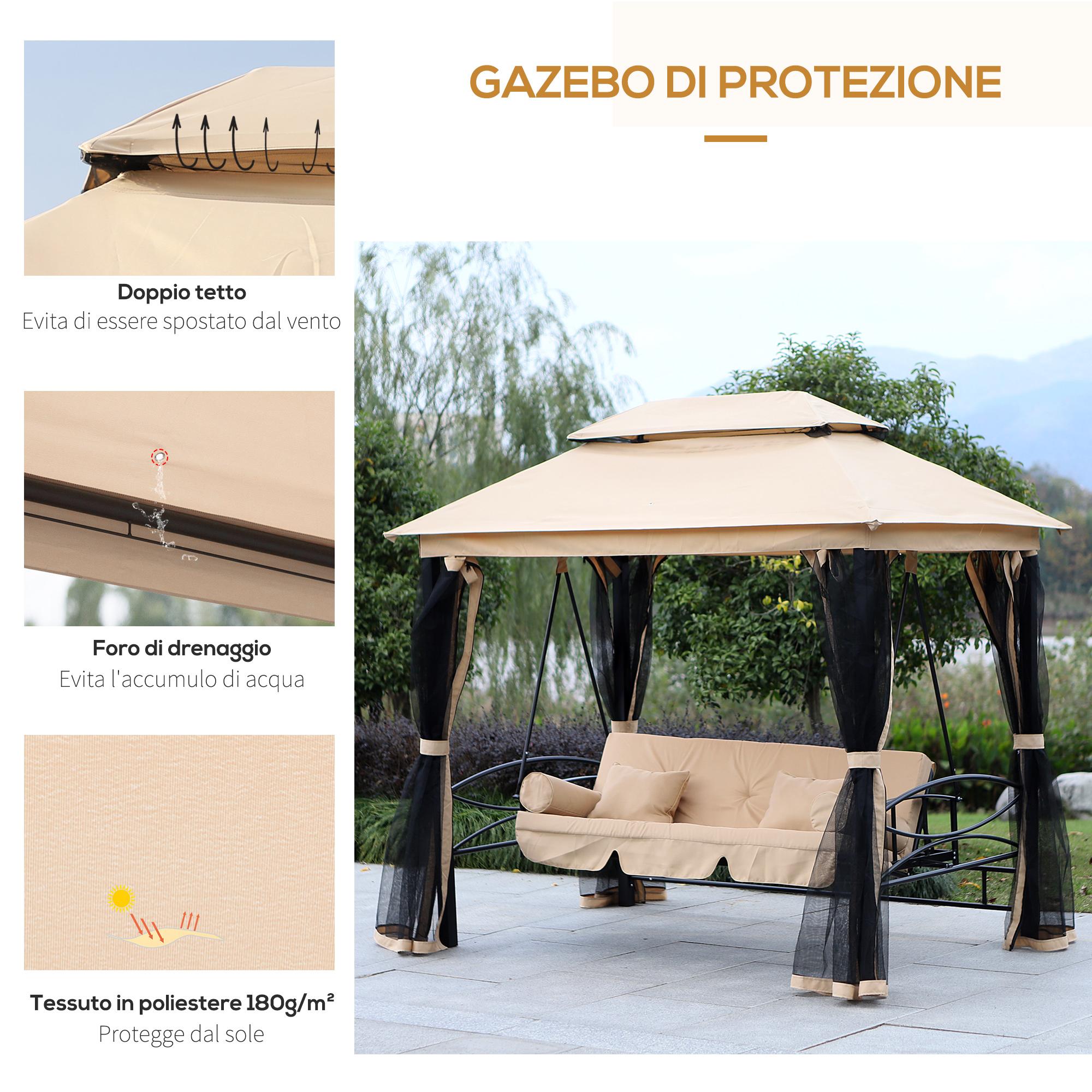 Dondolo 3 Posti 256x172x248 cm con Copertura a Gazebo e Zanzariera Beige e Nero