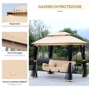 Dondolo 3 Posti 256x172x248 cm con Copertura a Gazebo e Zanzariera Beige e Nero