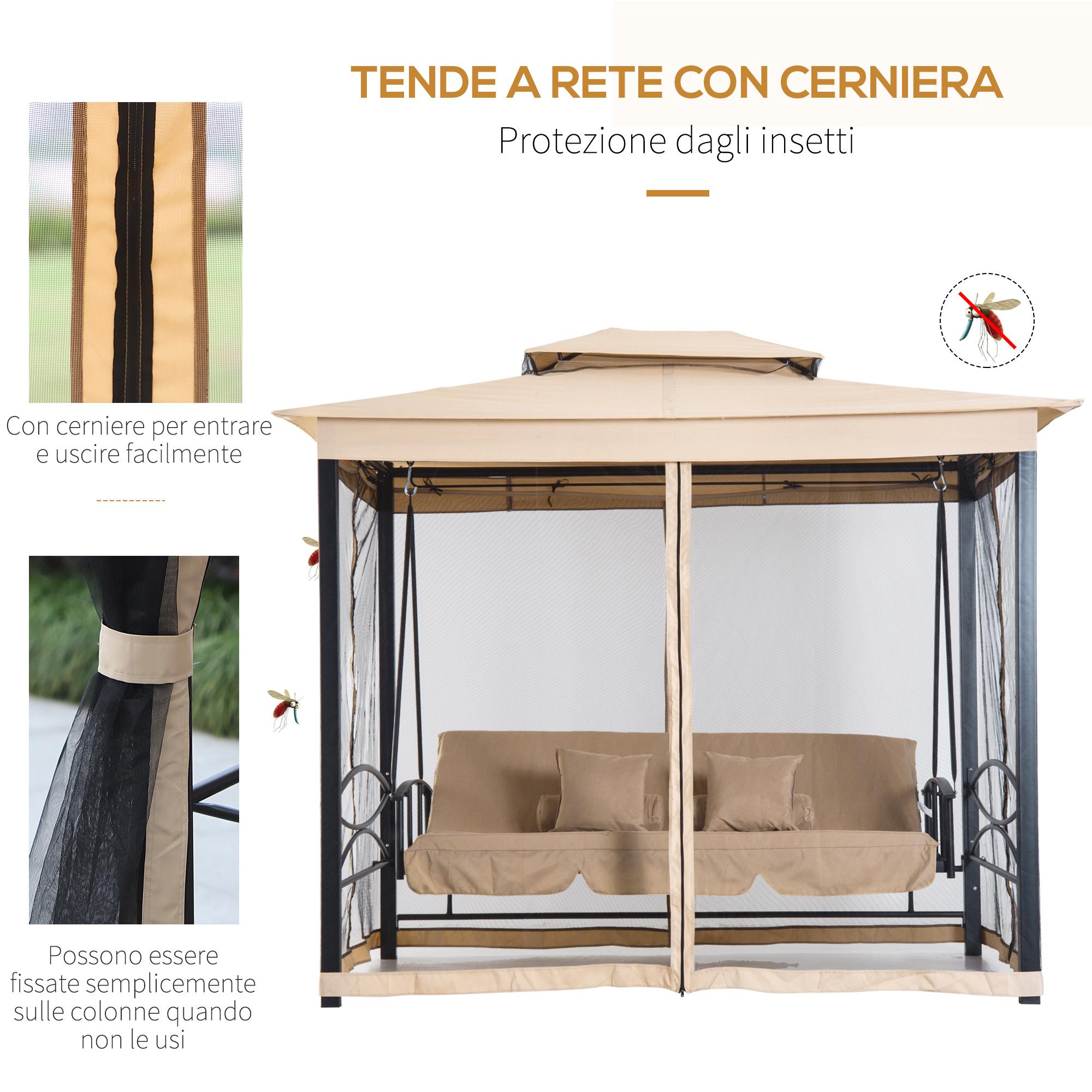 Dondolo 3 Posti 256x172x248 cm con Copertura a Gazebo e Zanzariera Beige e Nero