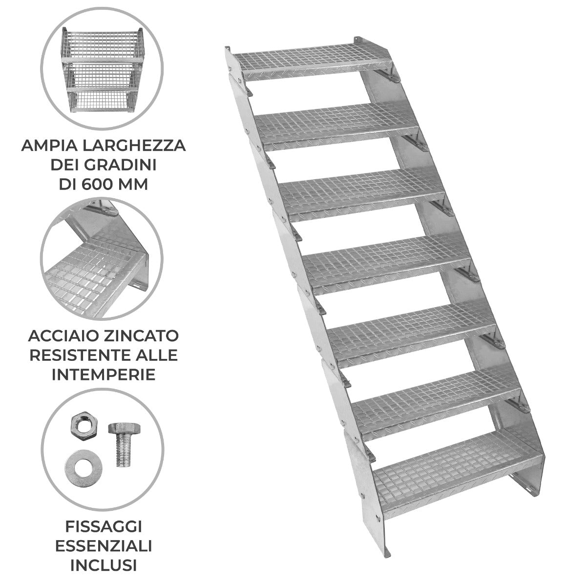 Scala metallica a 7 sezioni ad altezza regolabile in acciaio zincato 60 cm / 600 mm