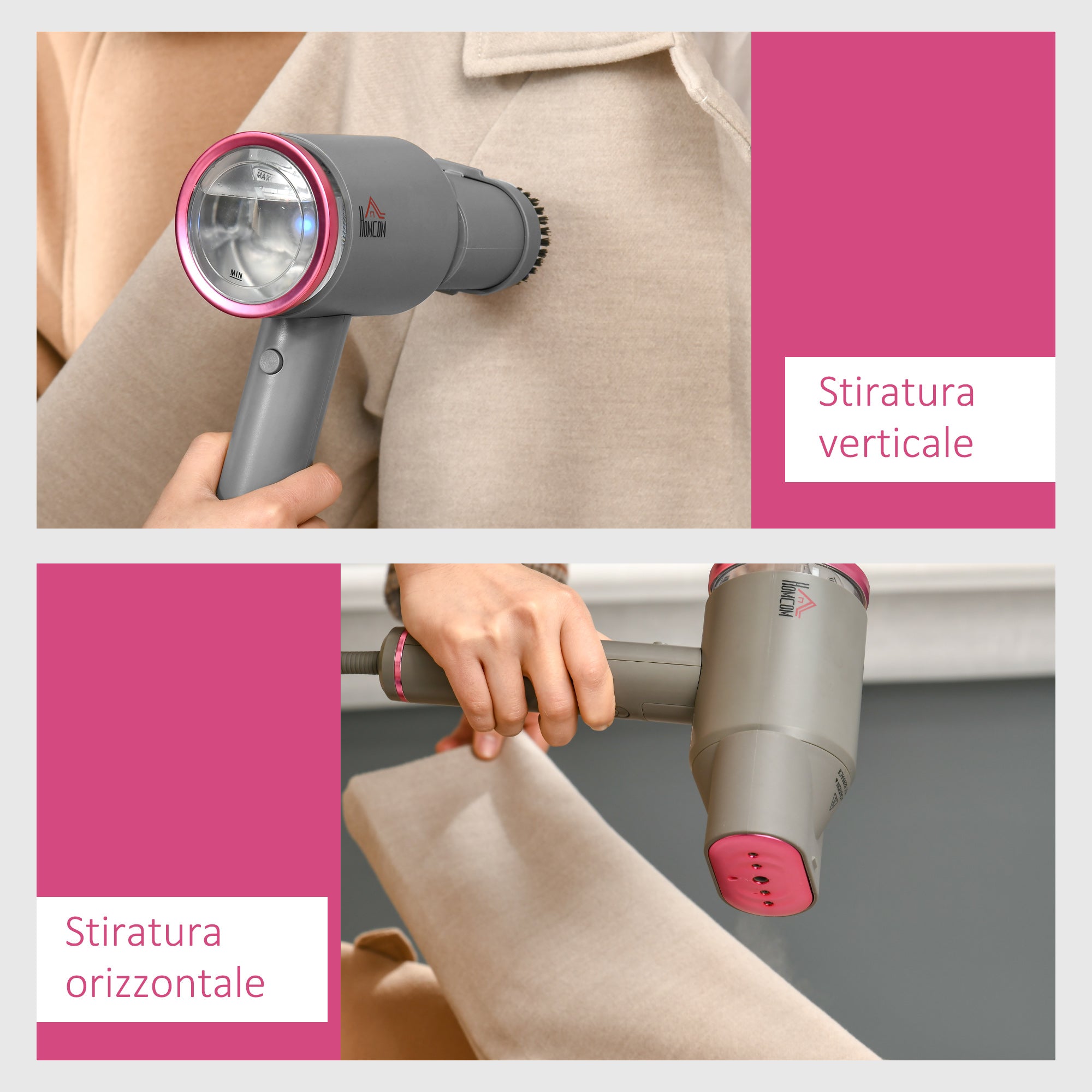 Ferro da Stiro Verticale Portatile 160 ml 1520W in Alluminio e Plastica Grigio e Rosa