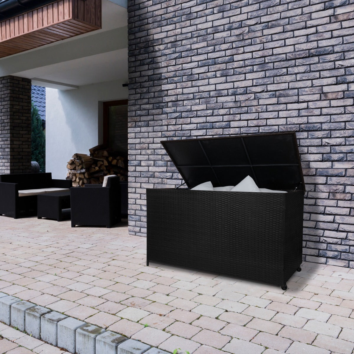 Rattan Box da giardino Nero Grande 138cm Cassapanca per cuscini 582L