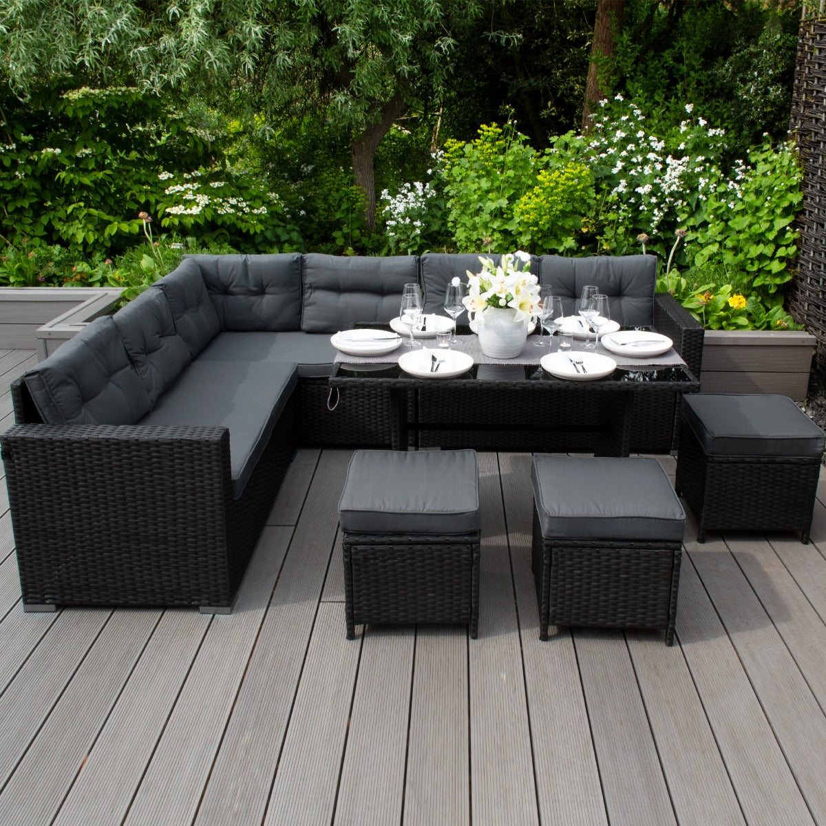 Set d'angolo in rattan e box da giardino Nero Grande Cuscino Cassapanca 582L Outdoor