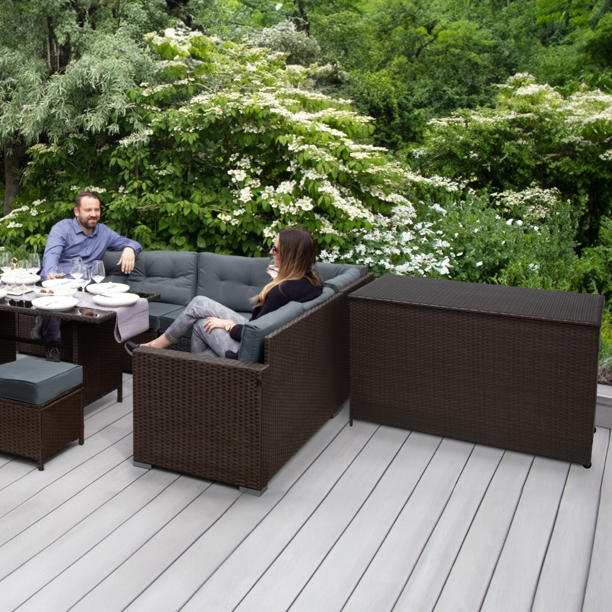 Set d'angolo in rattan e box da giardino Marrone Grande Cuscino Cassapanca 582L Outdoor