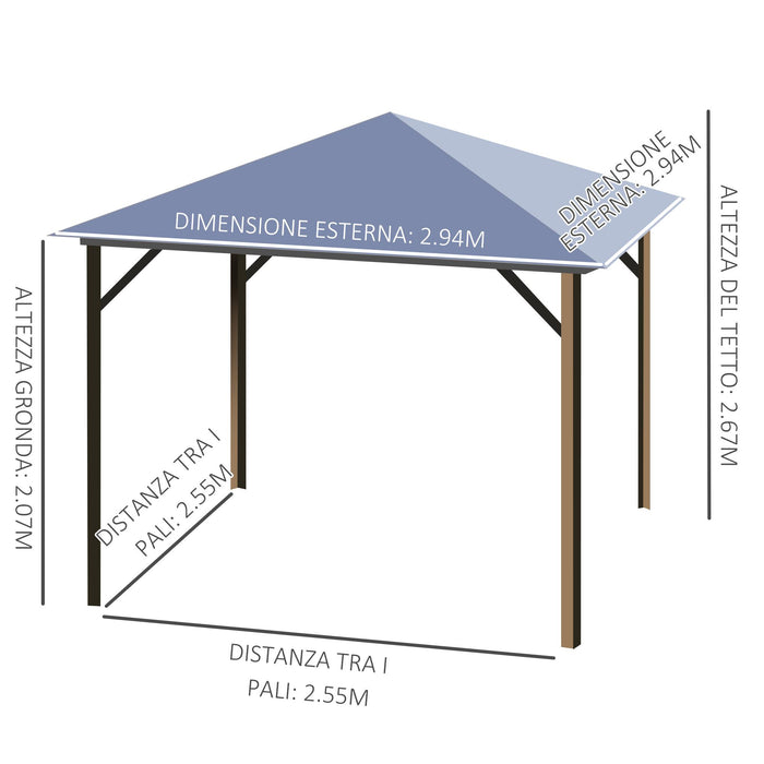 Gazebo da Giardino 2,94x2,94m con Zanzariere in Policarbonato Caffè e Khaki