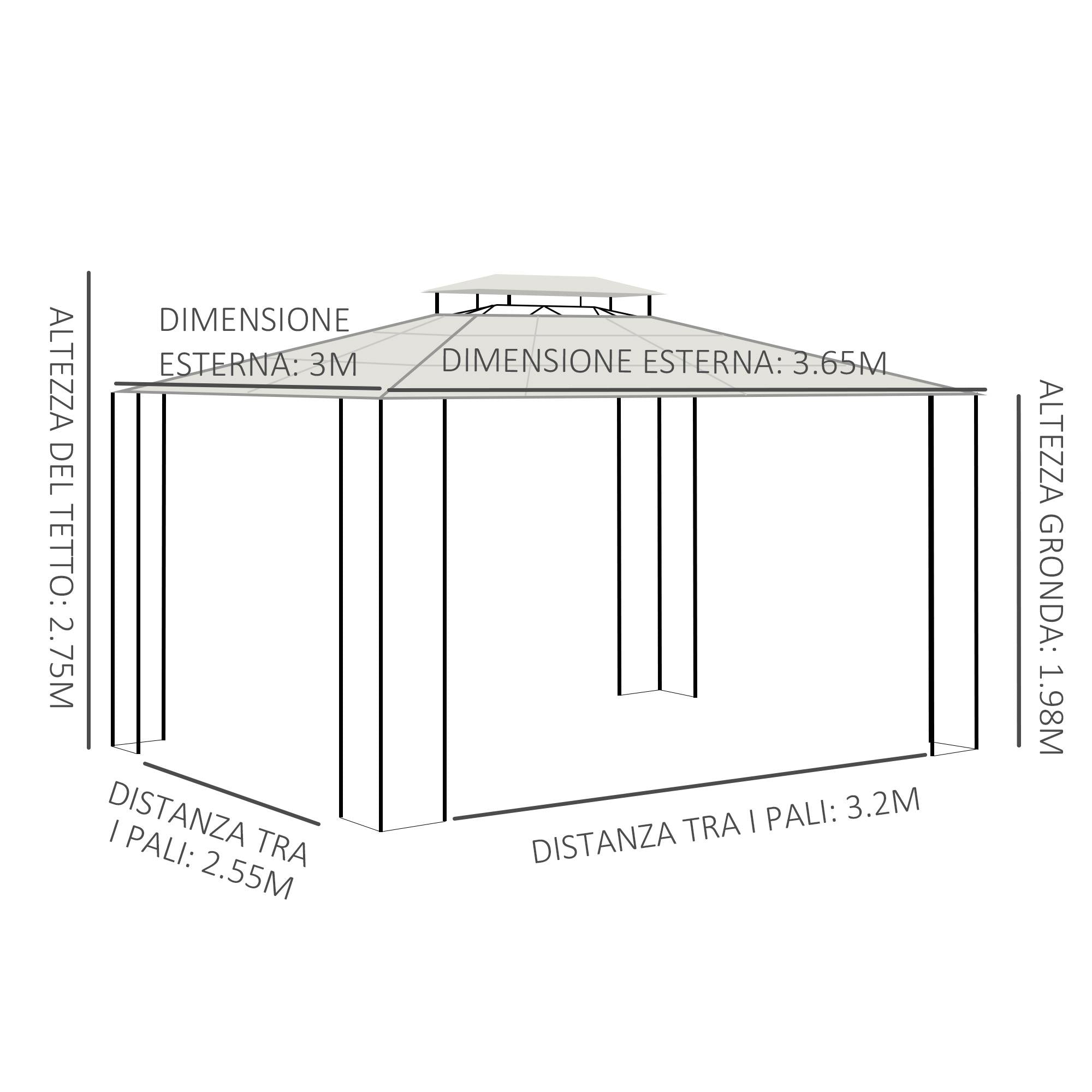 Gazebo da Giardino 3,65x3m in Acciaio e Alluminio Marrone