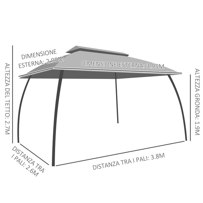 Gazebo da Giardino 3,95x2,95m in Acciaio Grigio