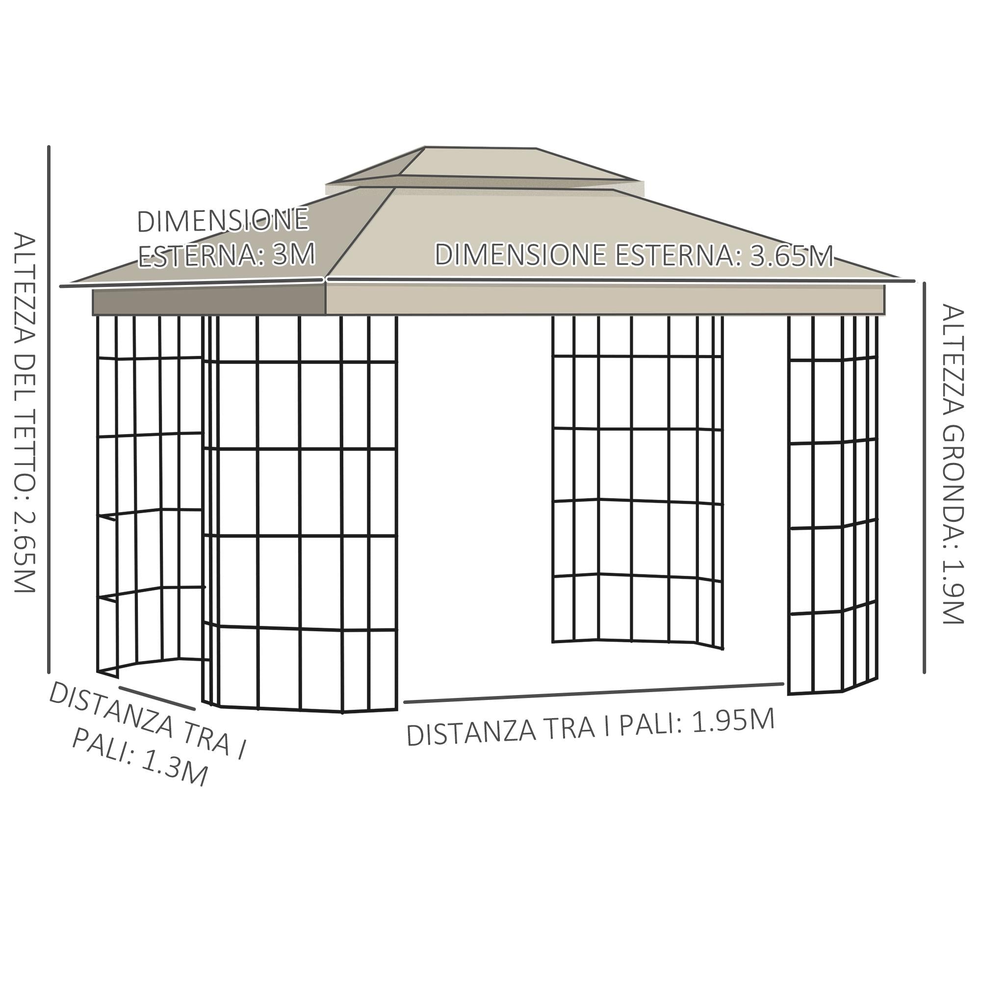 Gazebo da Giardino 3,65x3m in Metallo Beige