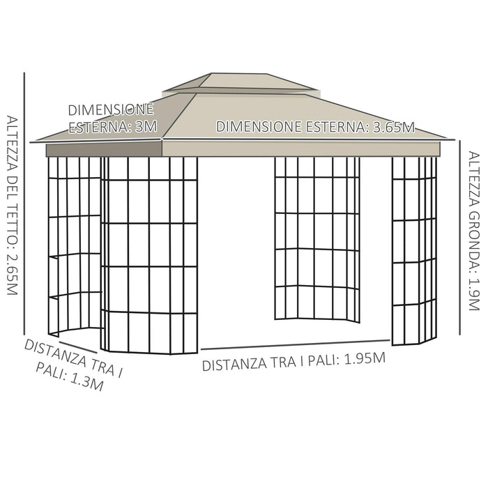 Gazebo da Giardino 3,65x3m in Metallo Beige