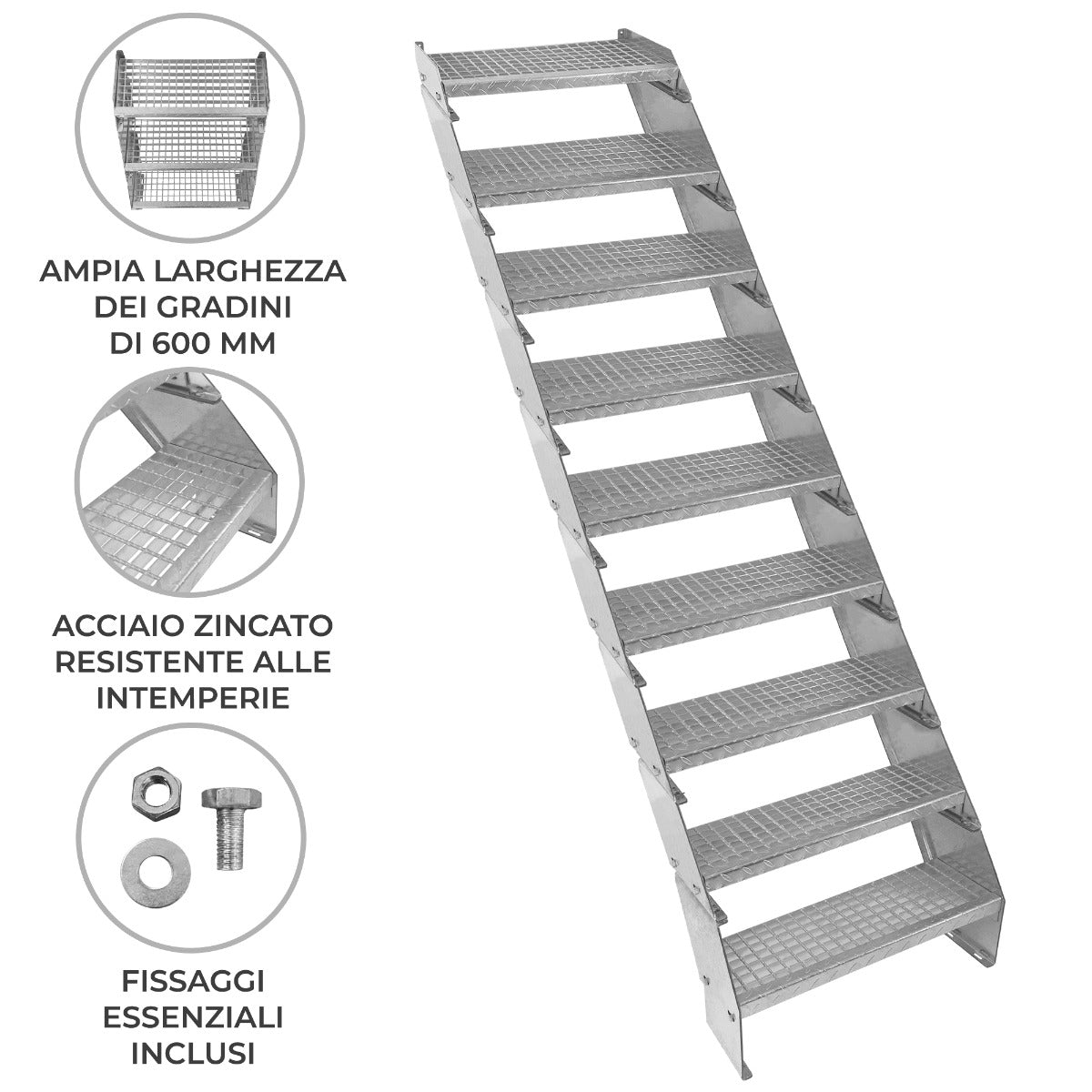 Scala metallica a 9 sezioni ad altezza regolabile in acciaio zincato 60 cm / 600 mm