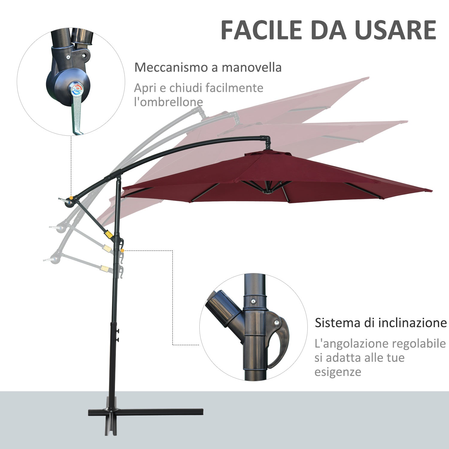 Ombrellone da Giardino Decentrato Ø300x250 cm in Acciaio e Poliestere Rosso Scuro