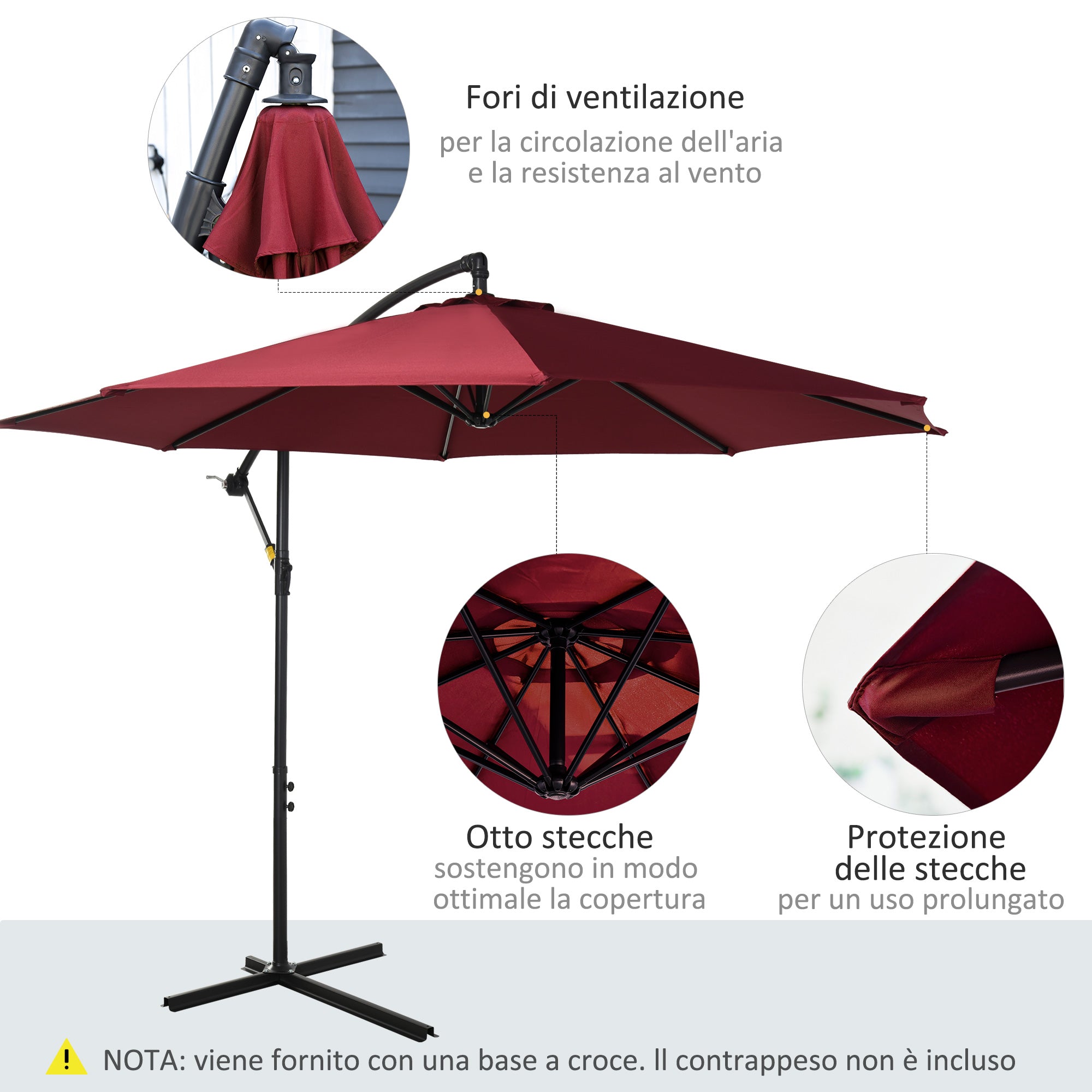 Ombrellone da Giardino Decentrato Ø300x250 cm in Acciaio e Poliestere Rosso Scuro