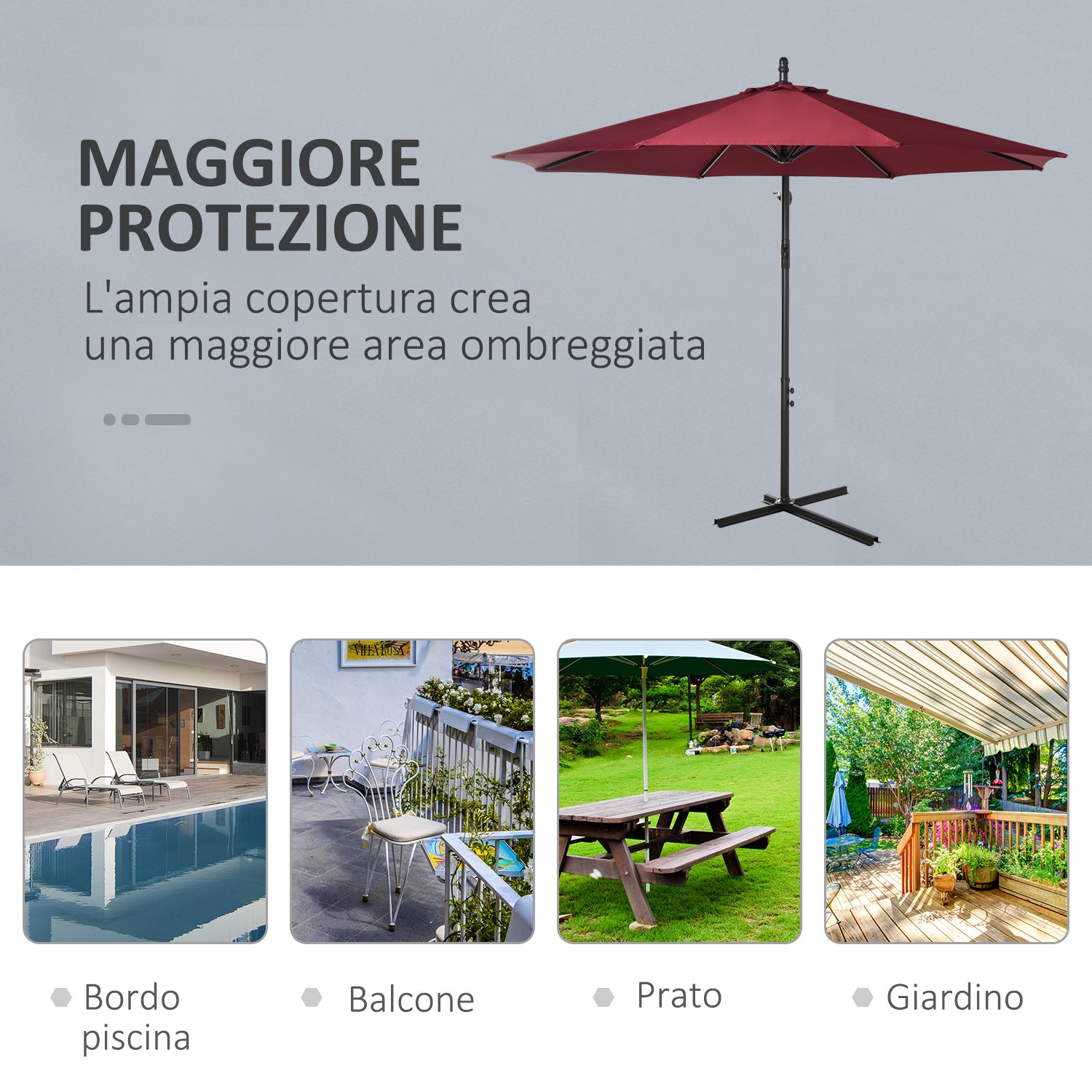 Ombrellone da Giardino Decentrato Ø300x250 cm in Acciaio e Poliestere Rosso Scuro