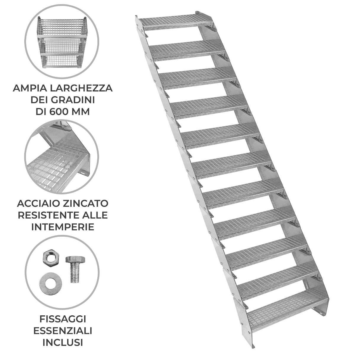 Scala metallica a 11 sezioni ad altezza regolabile in acciaio zincato 60 cm / 600 mm