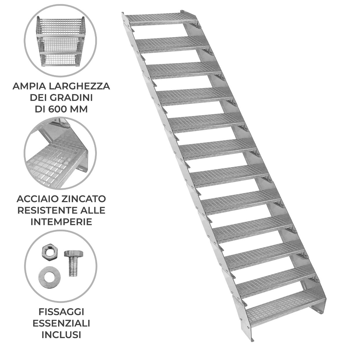 Scala metallica a 12 sezioni ad altezza regolabile in acciaio zincato 60 cm / 600 mm