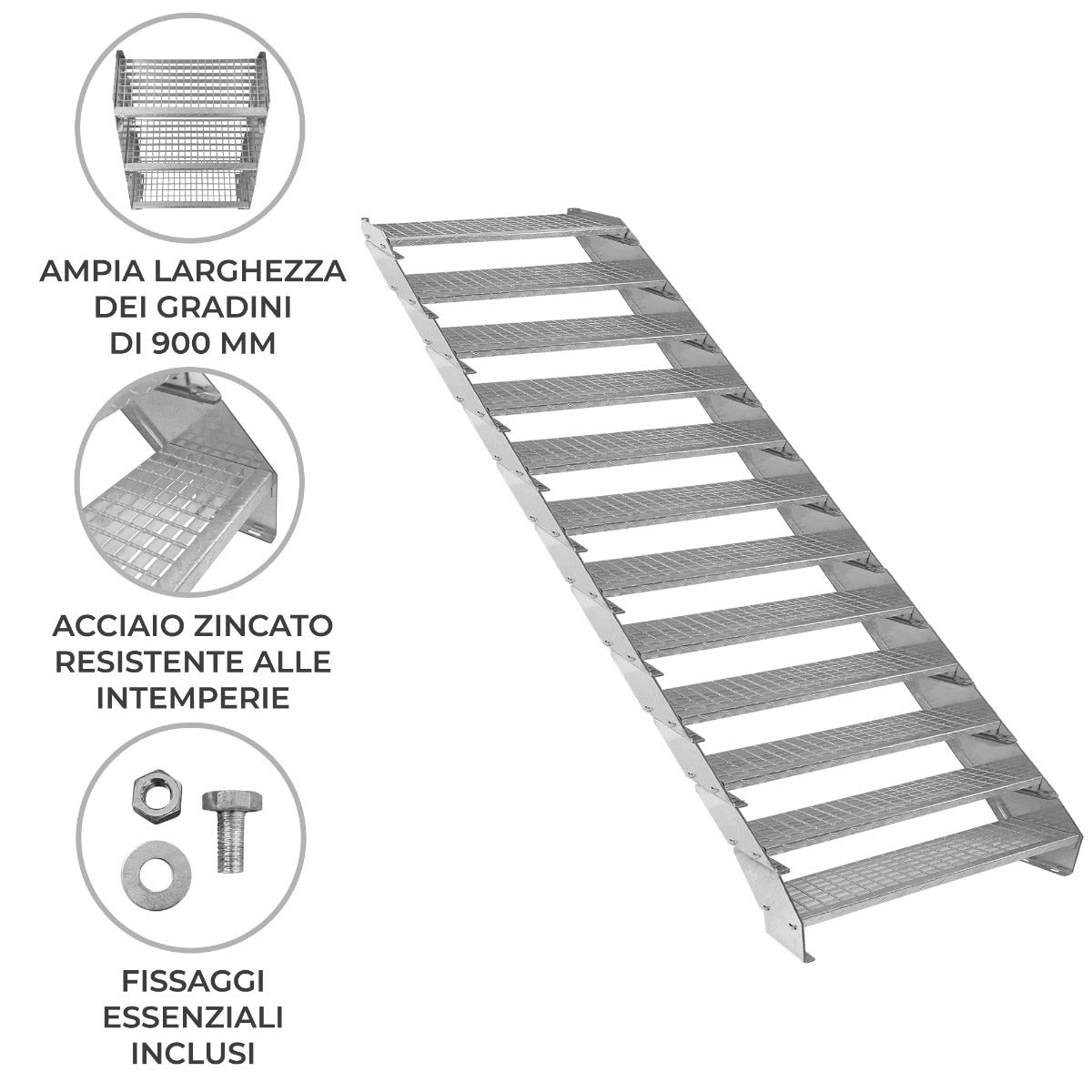 Scala metallica a 12 elementi ad altezza regolabile in acciaio zincato 90 cm / 900 mm