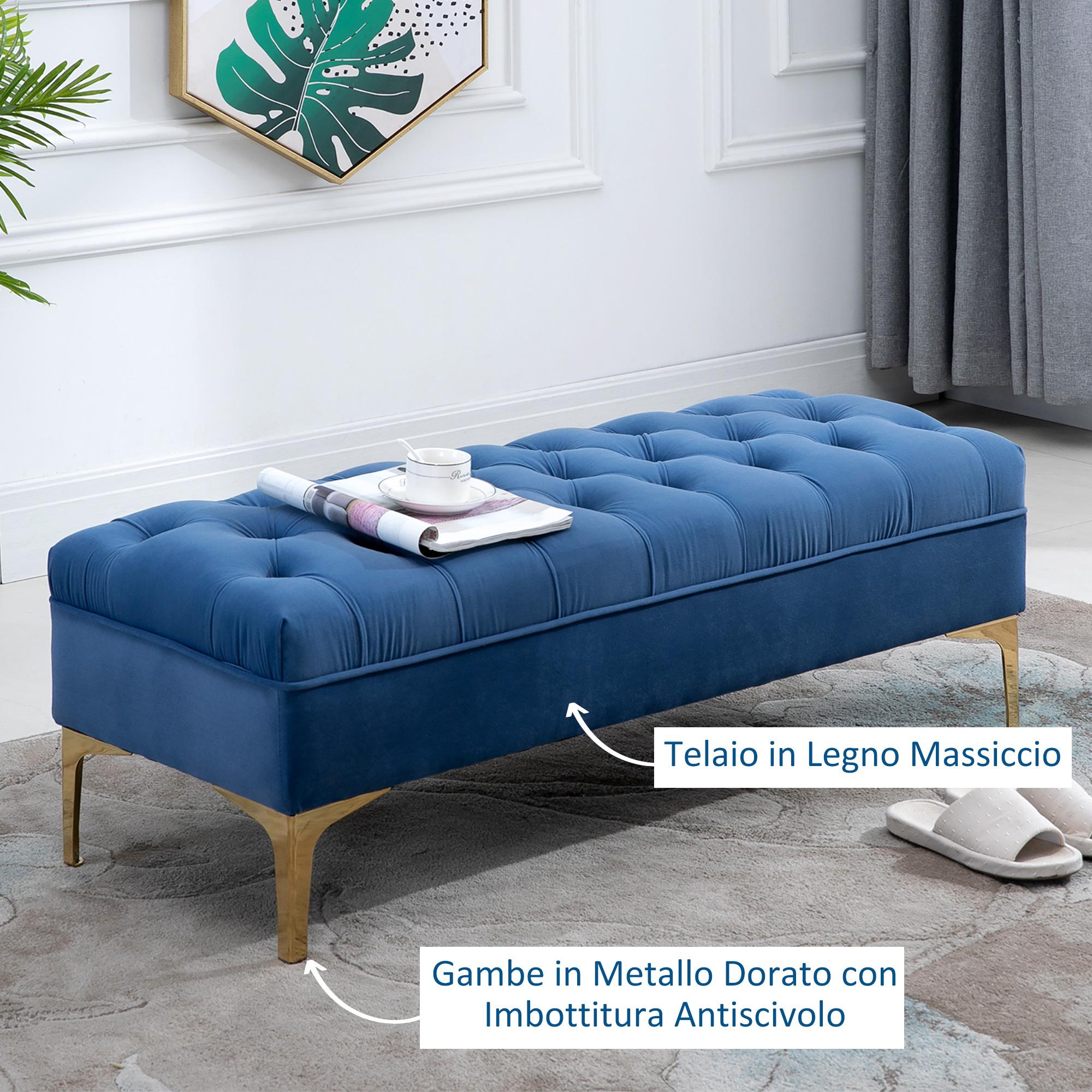 Panca Imbottita Fondoletto 118x45x42 cm in Tessuto Vellutato Blu