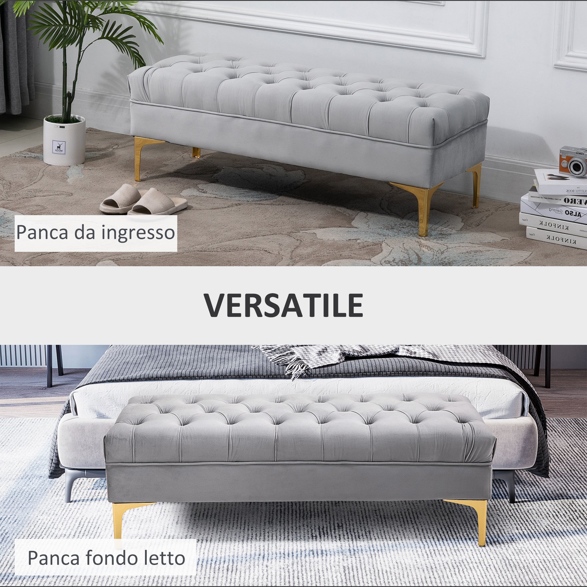 Panca Imbottita Fondoletto 118x45x42 cm in Tessuto Vellutato Grigio