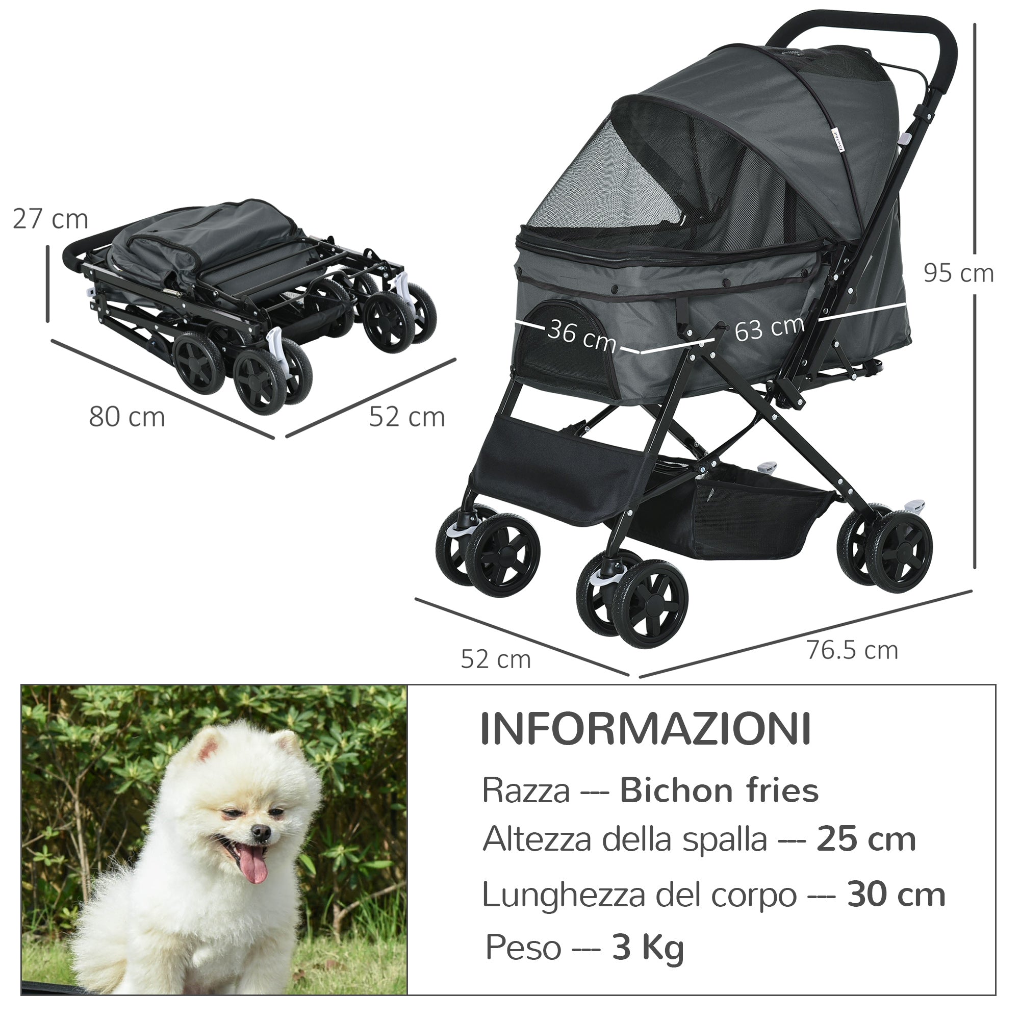 Passeggino per Cani 76,5x52x95 cm in Acciaio e Tessuto Oxford Grigio