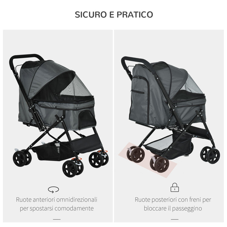 Passeggino per Cani 76,5x52x95 cm in Acciaio e Tessuto Oxford Grigio