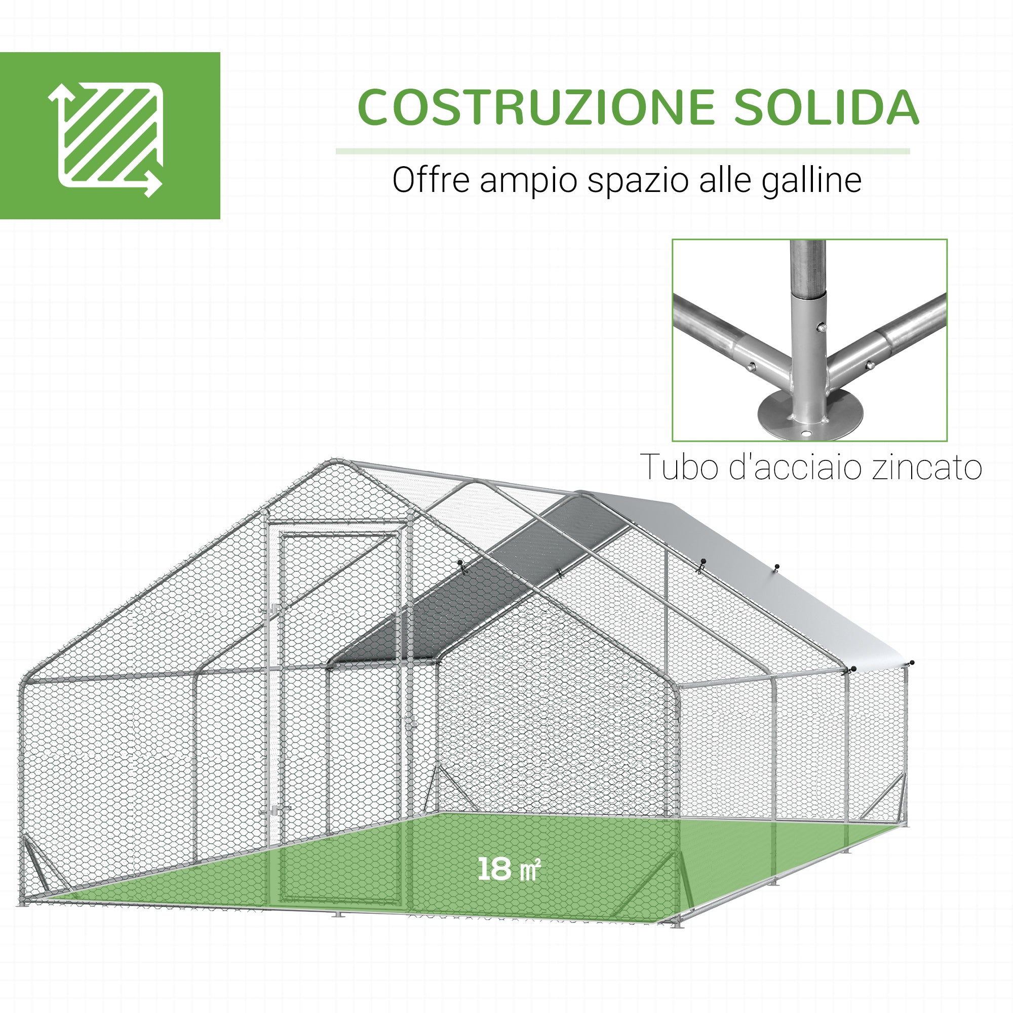 Pollaio Gabbia per Galline da Esterno 3x6x2m Telaio Zincato Argento