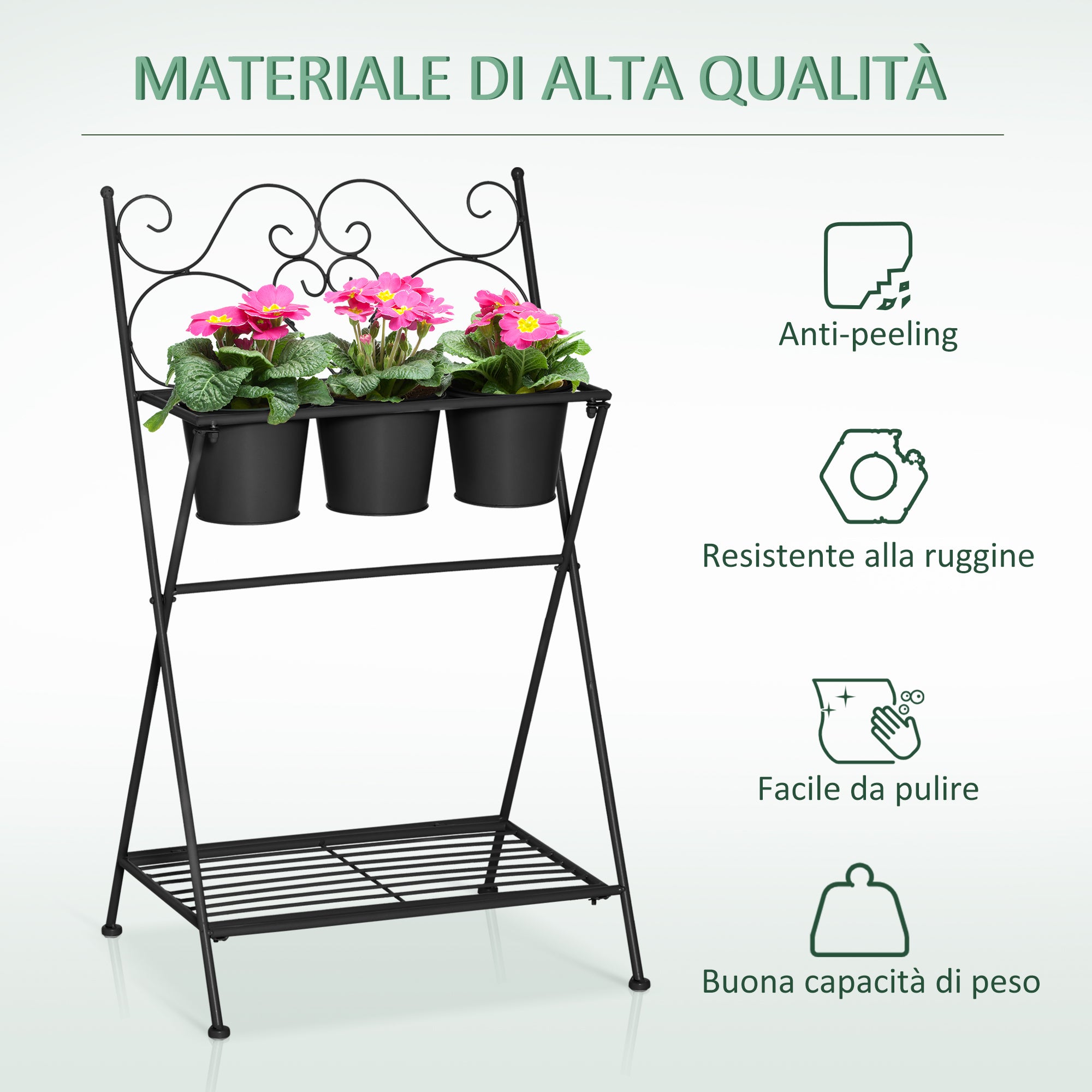 Portapiante Pieghevole con 3 Vasi 47x37x78,5 cm in Metallo Nero