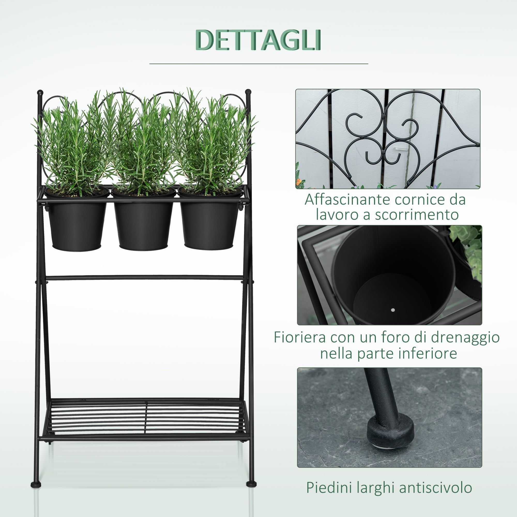 Portapiante Pieghevole con 3 Vasi 47x37x78,5 cm in Metallo Nero