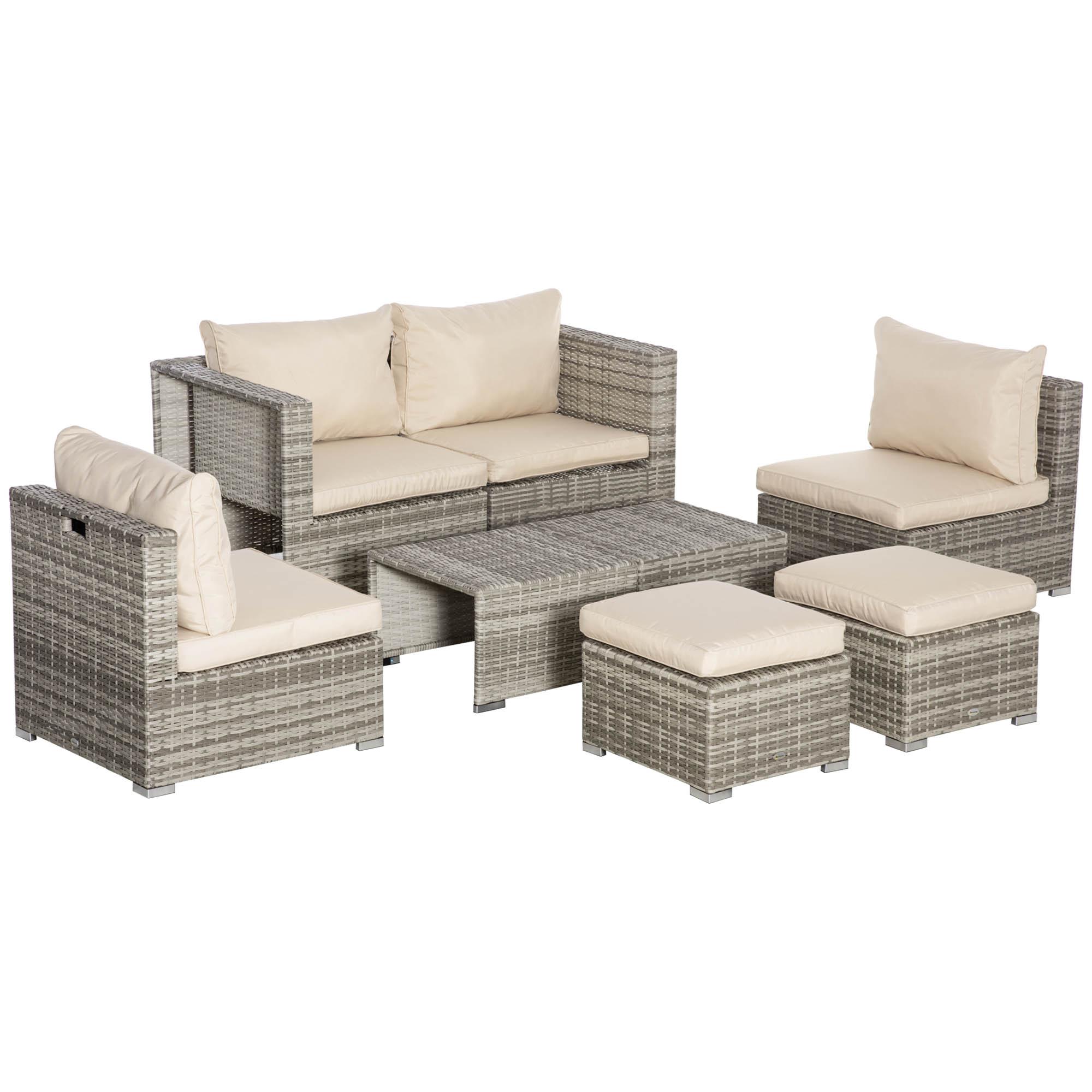 Set Salotto da Giardino Divano 2 Poltrone Tavolino e 2 Poggiapiedi in Rattan Beige e Grigio