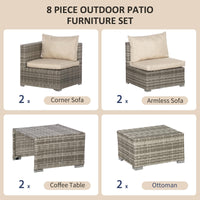 Set Salotto da Giardino Divano 2 Poltrone Tavolino e 2 Poggiapiedi in Rattan Beige e Grigio