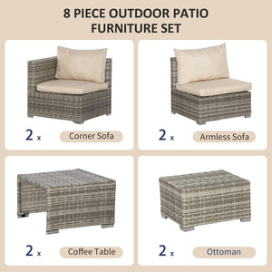 Set Salotto da Giardino Divano 2 Poltrone Tavolino e 2 Poggiapiedi in Rattan Beige e Grigio