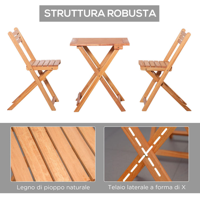 Set Tavolino e 2 Sedie da Giardino Pieghevoli in Legno Naturale