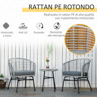 Set Tavolino e 2 Sedie da Giardino in Rattan Sintetico Grigio