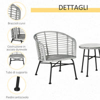 Set Tavolino e 2 Sedie da Giardino in Rattan Sintetico Grigio