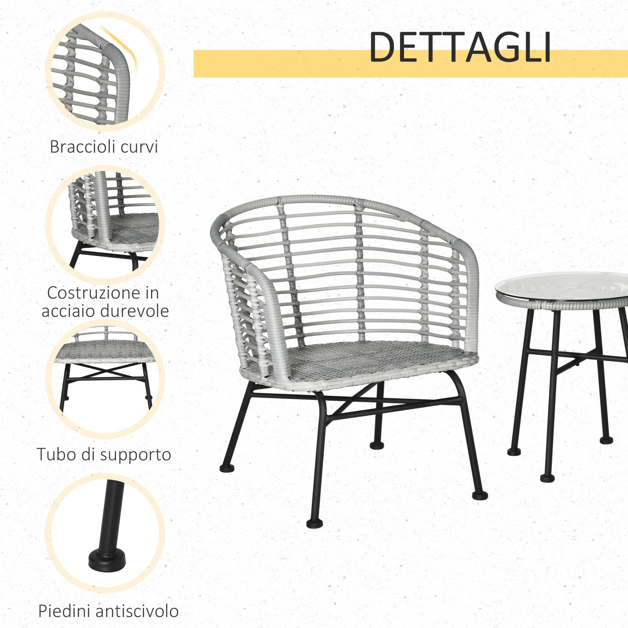 Set Tavolino e 2 Sedie da Giardino in Rattan Sintetico Grigio