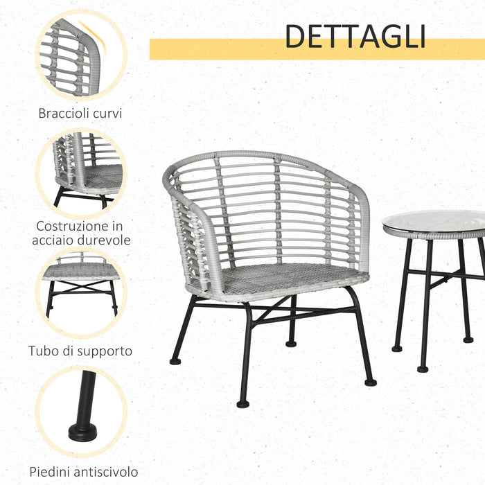 Set Tavolino e 2 Sedie da Giardino in Rattan Sintetico Grigio