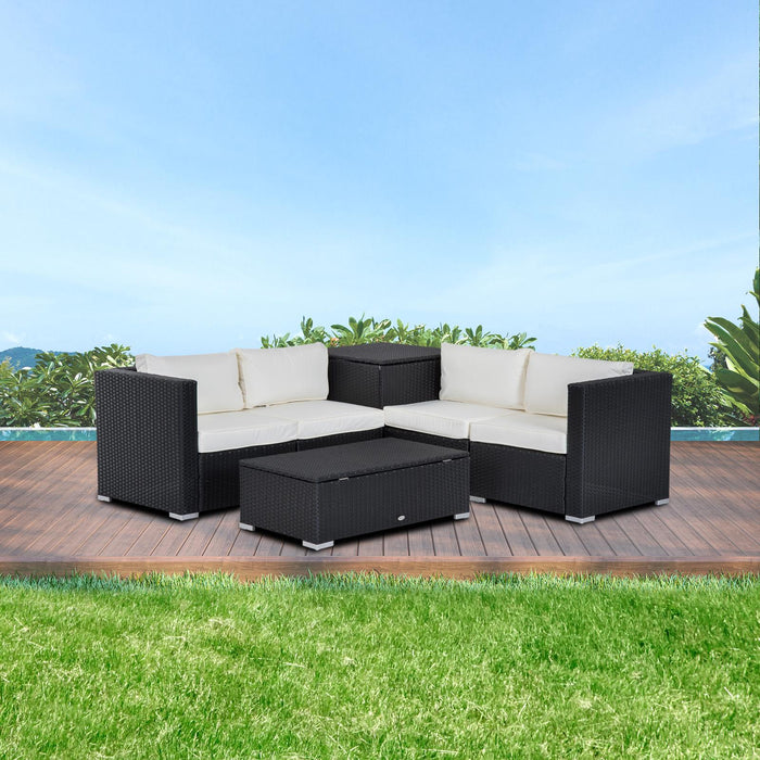 Set Salotto da Giardino Divano Angolare e Tavolino in Rattan Nero e Crema