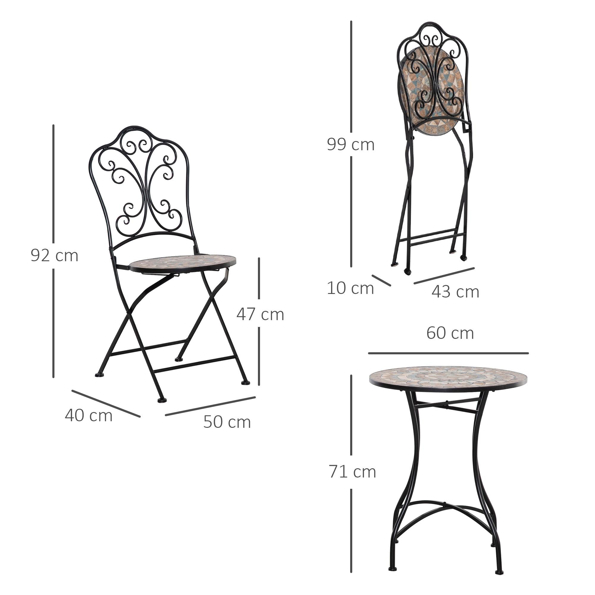 Set Tavolino e 2 Sedie Pieghevoli in Ceramica e Metallo Nero