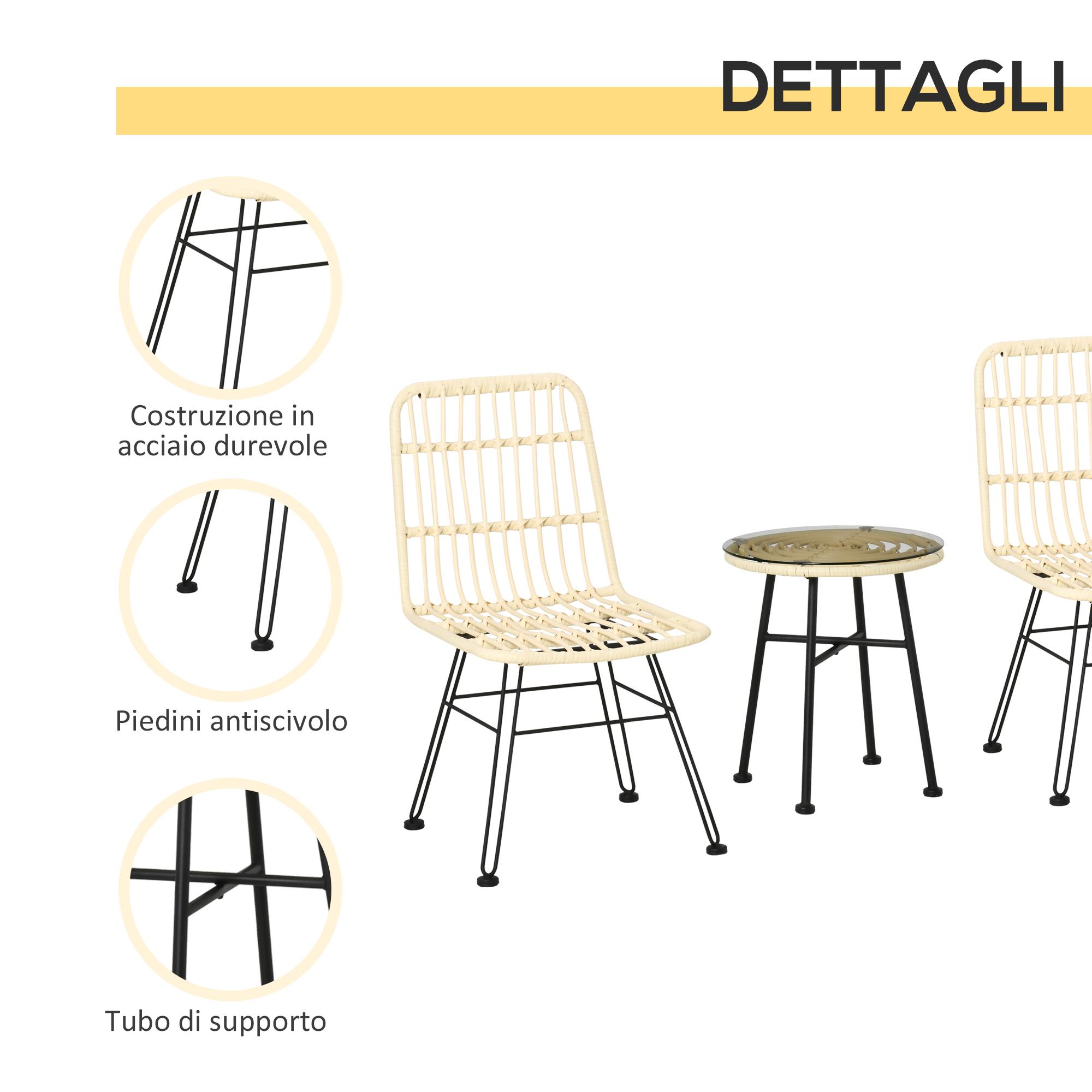 Set Tavolino e 2 Sedie in Rattan Polietilene Crema