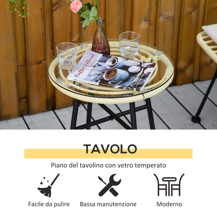 Set Tavolino e 2 Sedie in Rattan Polietilene Crema